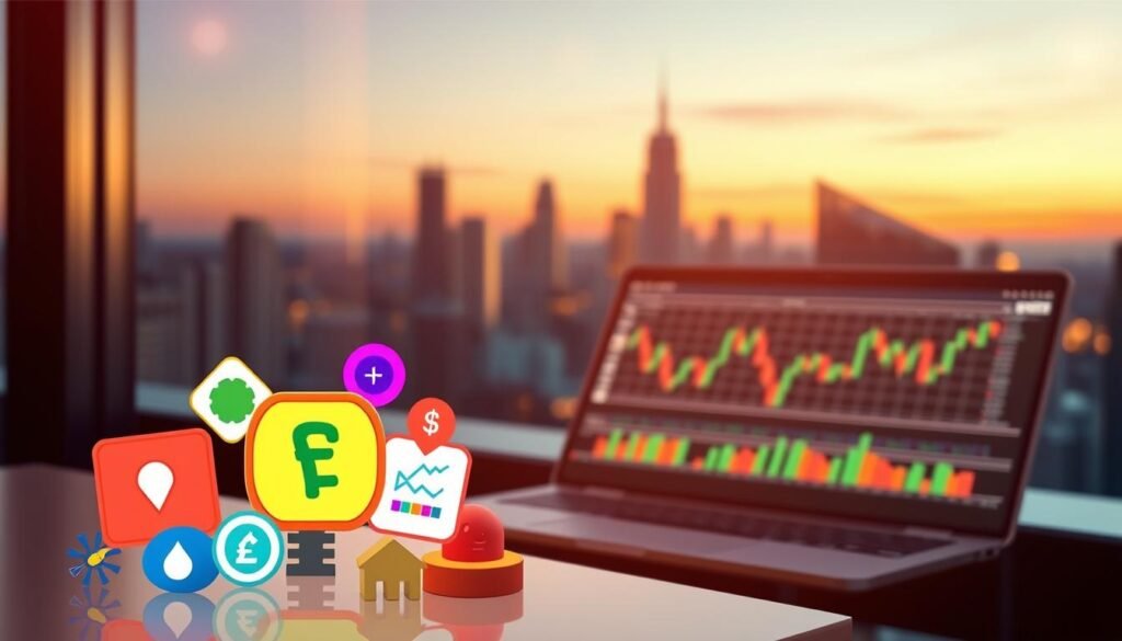 A visually engaging and informative illustration depicting key forex terms essential for beginners. In the foreground, include vivid icons representing concepts like currency pairs, pips, leverage, and spreads, artistically arranged. The middle ground features a sleek, modern trading interface displaying graphs and charts, suggesting active trading. In the background, a soft-focus city skyline at twilight, symbolizing global markets, adds depth. Use warm, inviting lighting to create a professional yet approachable atmosphere. Incorporate a shallow depth of field to emphasize the forex terms while maintaining clarity in the trading interface. The overall mood should be educational and inspiring, encouraging new traders to learn and explore the world of forex trading. A visually engaging and informative illustration depicting key forex terms essential for beginners. In the foreground, include vivid icons representing concepts like currency pairs, pips, leverage, and spreads, artistically arranged. The middle ground features a sleek, modern trading interface displaying graphs and charts, suggesting active trading. In the background, a soft-focus city skyline at twilight, symbolizing global markets, adds depth. Use warm, inviting lighting to create a professional yet approachable atmosphere. Incorporate a shallow depth of field to emphasize the forex terms while maintaining clarity in the trading interface. The overall mood should be educational and inspiring, encouraging new traders to learn and explore the world of forex trading.