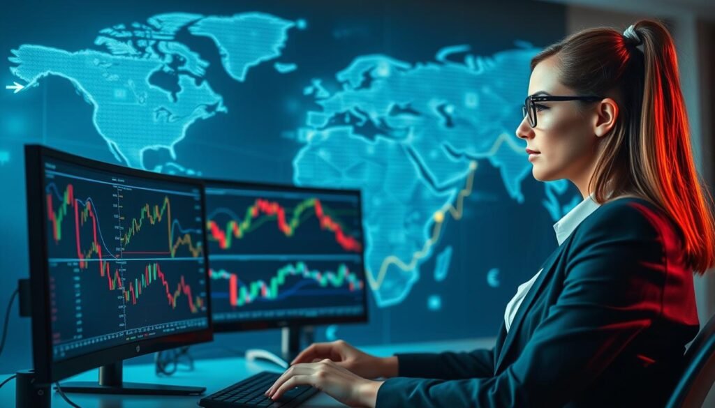 A visually engaging illustration of risk management and leverage in forex trading. In the foreground, depict a confident female trader in professional business attire, analyzing multiple financial charts on dual computer screens, showcasing currency pairs. The middle layer features dynamic, rising and falling lines of various forex graphs interwoven with symbols representing leverage, such as arrows and percentages. In the background, an abstract representation of a digital world map with glowing currency symbols illustrates the global nature of forex trading. Soft blue and green lighting creates a professional and calm atmosphere, highlighting a sense of control and strategy. Use a slightly angled perspective to provide depth, conveying the complexities of forex trading while emphasizing the importance of risk management.
