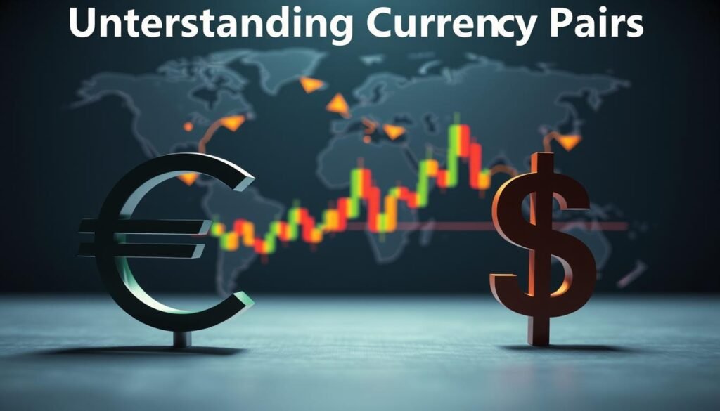 A visually engaging illustration representing "Understanding Currency Pairs". In the foreground, display two currency symbols, such as the Euro (€) and US Dollar ($), intricately designed, appearing as if they are interacting dynamically. In the middle ground, depict a stylized forex trading chart with rising and falling candlestick patterns, the colors reflecting green for gains and red for losses, subtly integrated into the scene. The background should feature a world map with highlighted major financial centers like New York, London, and Tokyo, softly illuminated, symbolizing global trading connectivity. Use soft, diffused lighting to create a professional atmosphere, with a slight depth of field to emphasize the currency symbols and chart. Overall, the mood should evoke a sense of clarity and empowerment, inviting beginners to comprehend currency movements in forex trading.