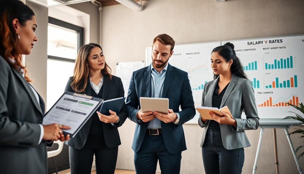 A visually engaging office environment focusing on a modern workspace that represents the concept of salary assessment. In the foreground, a professional, diverse group of three individuals in business attire, one holding a clipboard with salary statistics, another looking thoughtfully at a laptop displaying market comparisons, and the third taking notes on a notepad. In the middle ground, there are charts and graphs on a whiteboard illustrating salary trends and market rates, while a large window in the background lets in soft, natural light, creating an open and motivating atmosphere. The scene emphasizes collaboration and analysis, capturing a sense of professionalism and focus. The angle is slightly elevated, providing a comprehensive view of the task at hand, promoting an atmosphere of productivity and introspection.