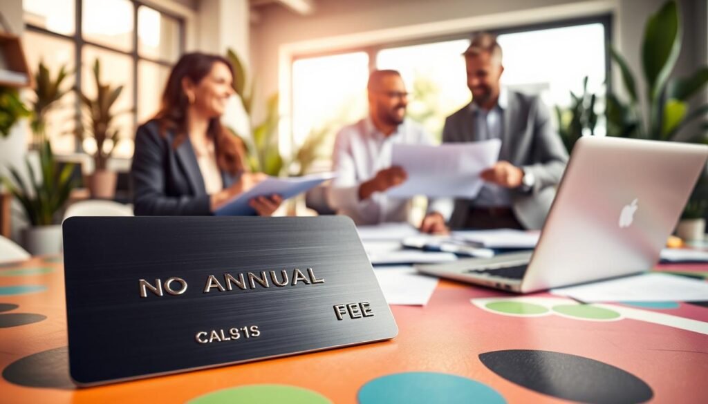A visually engaging representation of no annual fee credit card benefits. In the foreground, a close-up view of a sleek credit card, embossed with the words "No Annual Fee," resting on a colorful, modern desk scattered with financial documents and a sleek laptop. In the middle ground, a diverse group of three professionals, a woman in smart attire and two men in business casual, discussing financial plans enthusiastically, with smiles and gestures. In the background, an inviting office space featuring plants and sunlight streaming through a large window, creating a warm, productive atmosphere. The image should have bright, natural lighting to evoke a sense of optimism and financial empowerment. The composition should suggest the theme of maximizing rewards without costs.