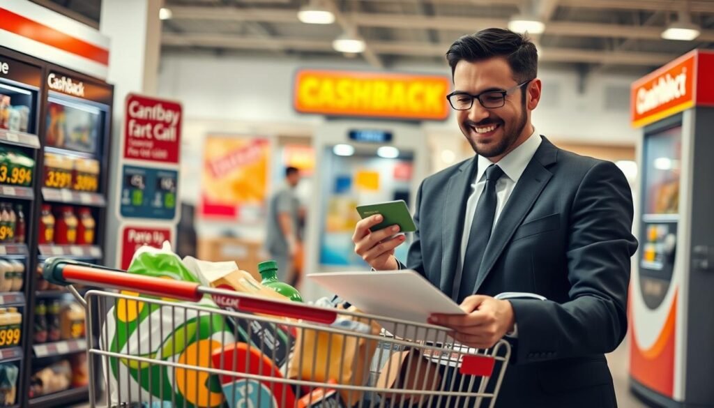 A visually engaging scene depicting the concept of cashback rewards on everyday essentials. In the foreground, a professional businessperson in formal attire holds a credit card and a shopping list, smiling while examining groceries and gasoline prices at a convenience store. In the middle, a shopping cart filled with groceries and household items, showcasing labels with cashback percentages. The background features a colorful gas station with a cashback promotional sign and a bright, inviting atmosphere. Soft, natural lighting enhances the scene, creating a sense of positivity and opportunity. The angle is slightly elevated, capturing the entire context of everyday spending and rewards. The mood is informative yet inspiring, emphasizing smart financial choices in a friendly environment.
