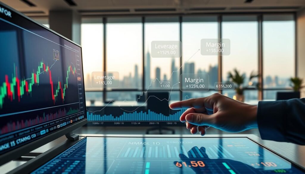 A visually engaging scene illustrating the concept of leverage, margin, and spread in Forex trading. In the foreground, a sleek digital trading platform displays candlestick charts and market data on a large monitor, with a hand selecting options using a touchscreen interface. In the middle ground, graphs and charts representing leverage ratios and margin calculations flow seamlessly across the screen, surrounded by floating numerical indicators. The background features a modern office environment with large windows showing a city skyline, casting soft natural light into the room. The overall mood is professional and focused, conveying a sense of strategy and precision in the fast-paced world of Forex trading. The scene is shot from a slightly elevated angle, providing a comprehensive view of the complex financial subject matter. A visually engaging scene illustrating the concept of leverage, margin, and spread in Forex trading. In the foreground, a sleek digital trading platform displays candlestick charts and market data on a large monitor, with a hand selecting options using a touchscreen interface. In the middle ground, graphs and charts representing leverage ratios and margin calculations flow seamlessly across the screen, surrounded by floating numerical indicators. The background features a modern office environment with large windows showing a city skyline, casting soft natural light into the room. The overall mood is professional and focused, conveying a sense of strategy and precision in the fast-paced world of Forex trading. The scene is shot from a slightly elevated angle, providing a comprehensive view of the complex financial subject matter.