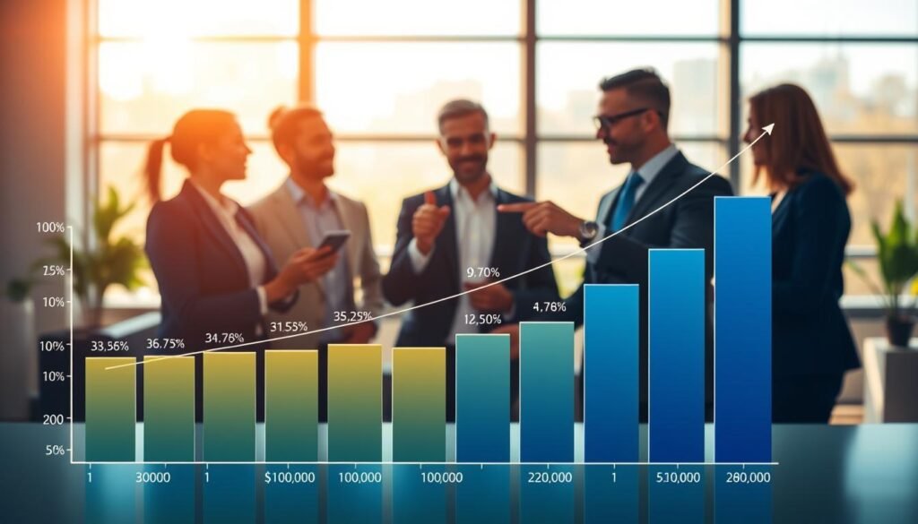 A visually informative illustration depicting the relationship between credit scores and interest rates. In the foreground, a bar graph showcasing credit scores ranging from poor to excellent, with corresponding interest rates plotted alongside. In the middle ground, a diverse group of three professionals in business attire engaged in discussion, pointing at different elements of the graph. In the background, a soft-focus financial office setting with large windows allowing natural light to flood in, creating a bright and optimistic atmosphere. The overall mood should convey clarity and understanding, with warm lighting accentuating the importance of financial knowledge. The perspective should be slightly elevated, allowing a comprehensive view of both the graph and the professional discussion.