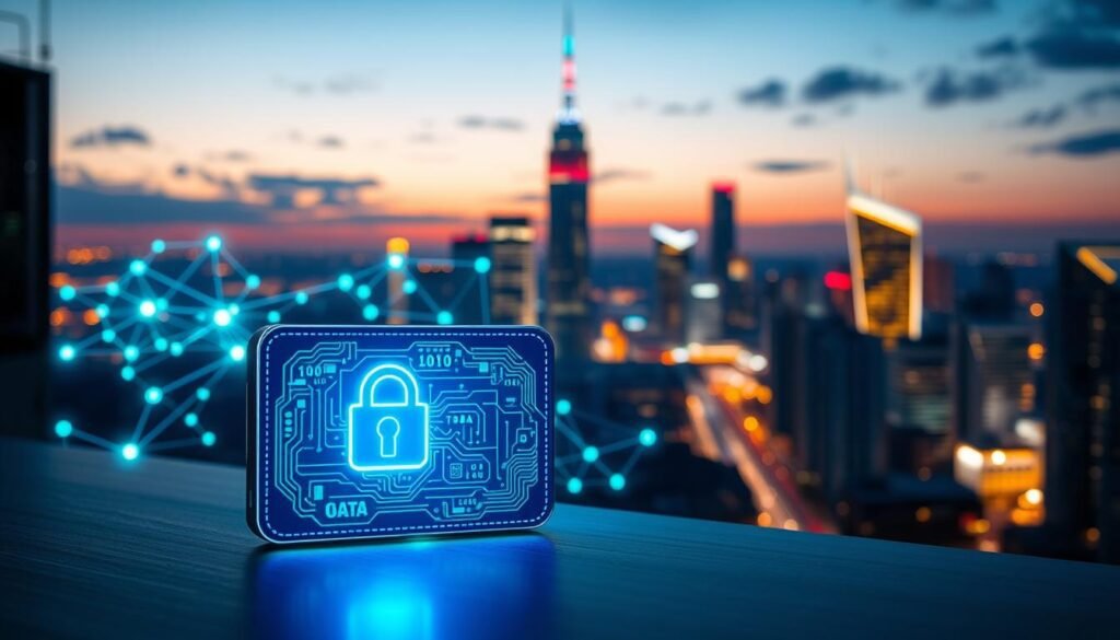 A visually striking depiction of cryptocurrency security principles, featuring a secure digital wallet at the forefront, glowing with vibrant blue and green hues to symbolize safety. In the middle ground, there are abstract representations of blockchain networks with interconnected nodes shimmering as if encrypted. The background displays a futuristic city skyline at twilight, with data streams flowing like light across buildings, emphasizing technological advancement. The scene is illuminated by soft, ambient lighting, creating a serene yet vigilant atmosphere. The angle should be slightly elevated, portraying the digital wallet confidently in view. The overall mood is one of empowerment and security, highlighting the importance of safeguarding digital assets. Ensure all elements are professional and devoid of any text or logos.