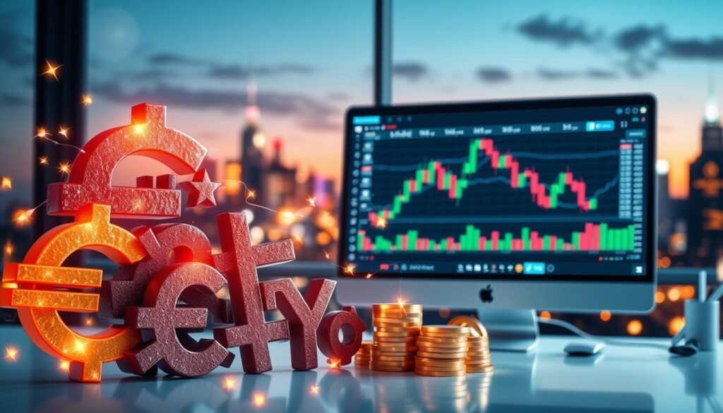 A visually striking representation of currency pairs in the Forex market. In the foreground, feature a dynamic collage of currency symbols such as EUR, USD, GBP, and JPY, arranged artistically with glowing lines connecting them to illustrate their relationships. The middle ground presents a modern trading workspace featuring a computer screen displaying real-time exchange rates and candlestick charts, conveying a sense of active trading. In the background, create a blurred city skyline at twilight, with soft lights reflecting a vibrant financial atmosphere. The image should be illuminated with cool, high-contrast lighting to emphasize the digital aspect of trading. The overall mood should feel energetic and professional, evoking a sense of opportunity and clarity in trading decisions.
