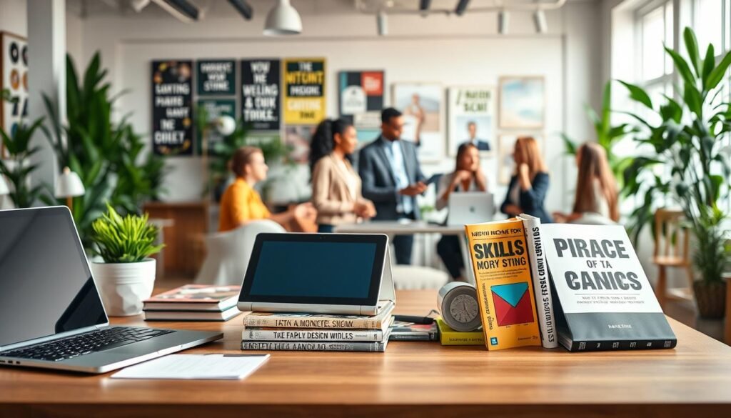 A visually striking workspace scene illustrating high-income skills one can learn without a degree. In the foreground, a stylish desk features neatly arranged tools symbolizing various skills: a laptop, graphic design tablet, coding books, and a marketing guide. In the middle ground, a diverse group of professionals in business casual attire are engaged in collaborative discussions, exchanging ideas and showcasing creativity. The background reveals a bright, modern office environment filled with greenery and motivational posters. Soft, natural lighting filters through large windows, creating an inviting atmosphere. The image should evoke feelings of inspiration and professionalism, encouraging viewers to consider the possibilities of skill development on their career paths. The composition should have a clear depth of field, focusing on the foreground activities with a slightly blurred background for added dimension.