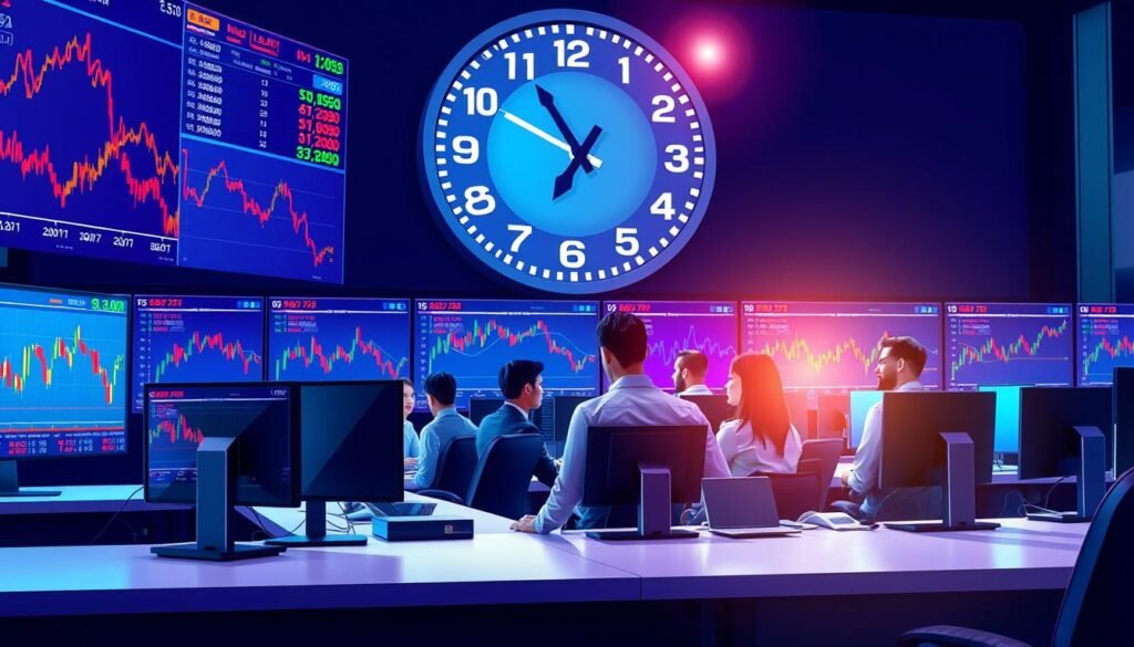 A vivid illustration showcasing forex trading sessions, with a focus on market movements. In the foreground, a sleek, modern trading desk is depicted, featuring multiple monitors displaying fluctuating forex charts and rates in vibrant colors. The middle ground shows a group of diverse individuals in professional business attire, intently observing the charts and discussing strategies, conveying teamwork and concentration. The background includes a large digital clock highlighting different time zones, symbolizing the global nature of forex trading. Soft, focused lighting enhances the serious atmosphere, while a subtle lens flare from the monitors adds a dynamic touch. The overall mood should convey urgency and excitement, emphasizing the fast-paced environment of forex trading.