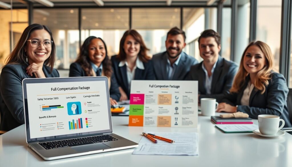 A well-organized desk in a bright, modern office space, showcasing a professional setting where a diverse group of employees, dressed in business attire, engage in a brainstorming session. In the foreground, a laptop displays a colorful infographic titled "Full Compensation Package," highlighting salary, benefits, and bonuses. The middle section features pens, notepads, and coffee cups, symbolizing productivity and collaboration. The background should have large windows letting in warm natural light, with a city skyline visible. The mood is optimistic and focused, conveying the importance of considering all aspects of a job offer. Use a slightly elevated angle to capture both the desk and the enthusiastic expressions of the participants.