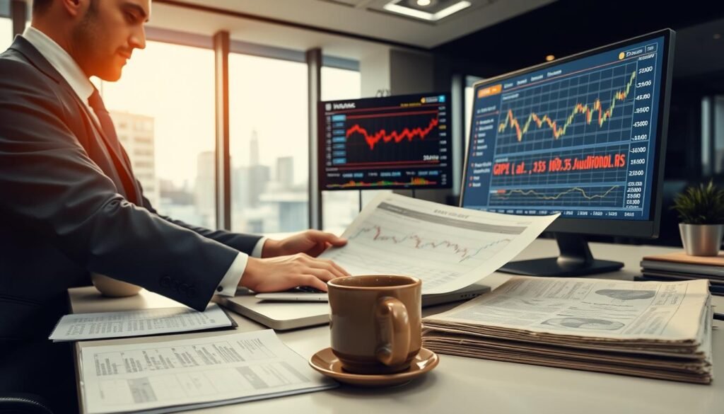 A well-organized desk setup in a modern office featuring a laptop displaying fluctuating financial graphs and charts, symbolizing fundamental analysis and economic indicators. In the foreground, a professional trader dressed in business attire analyzes documents filled with economic data, while a financial newspaper rests beside a coffee cup. In the middle ground, a digital screen showcases key economic indicators like interest rates, GDP, and inflation rates, glowing softly in warm light. The background includes a large window with a city skyline, bathed in natural daylight, creating a productive and focused atmosphere. The overall mood conveys professionalism, confidence, and a sense of urgency, ideal for a financial analysis context.