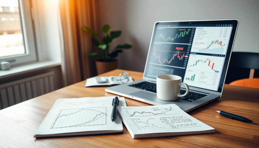 A well-organized workspace depicting a detailed trading plan on a wooden desk. In the foreground, there's a laptop displaying graphs and charts related to Forex trading, alongside a notebook filled with handwritten notes and strategies. The middle ground features a neatly arranged set of trading indicators and a coffee cup, symbolizing focus and clarity. In the background, a large window allows soft, natural light to stream in, illuminating the scene and creating a calm, productive atmosphere. The overall mood is one of professionalism and confidence, suitable for new traders. Ensure the setting is clean and inviting, with no clutter, emphasizing a structured approach to trading.
