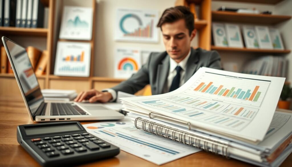 A well-organized workspace depicting the concept of credit score considerations in the context of debt consolidation. In the foreground, a calculator, financial reports, and a sleek laptop displaying graphs and scores, all arranged neatly. The middle ground features a professional individual in business attire, analyzing the documents with a focused expression, embodying diligence and responsibility. In the background, shelves with finance books and charts showcasing credit score ranges, muted in color but clear enough to convey their importance. Soft, warm lighting creates a welcoming atmosphere, suggesting a sense of calm and control. The angle captures the scene from a slightly elevated view, emphasizing the importance of organization in financial planning.