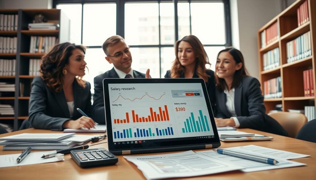 A well-organized workspace featuring a laptop displaying graphs and salary data analysis, surrounded by salary research tools like a calculator, notes, and a pen. In the foreground, a diverse group of three professionals in business attire engages in a discussion, with one person pointing at the laptop screen, showcasing a clear visual of market salary ranges. The middle features a large, modern office window allowing natural daylight to illuminate the scene, enhancing clarity. The background includes shelves filled with academic books and reports related to salary research. The atmosphere is collaborative and focused, suggesting a serious yet approachable mood, with soft, warm lighting emphasizing productivity.