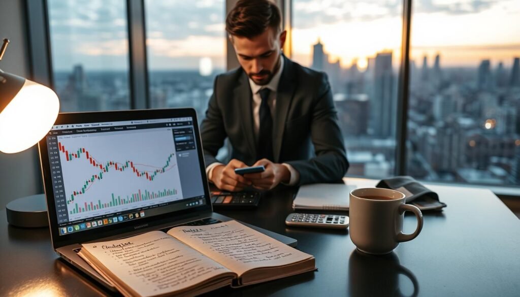 A well-organized workspace showcasing practical forex trading strategies. In the foreground, a laptop displaying a colorful forex trading platform with graphs and candlestick charts illuminated by a soft desk lamp. Beside it, a notepad with handwritten notes on trading strategies, currency pairs, and market trends. In the middle ground, a professional individual in business attire, focused on analyzing data, with a calculator and coffee cup nearby, creating a productive atmosphere. The background features a large window with a city skyline view during sunset, casting warm light across the scene. The overall mood is inspiring and educational, emphasizing clarity in forex trading concepts, with a modern and clean aesthetic.