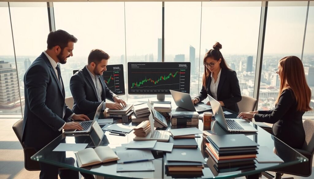 An engaging scene illustrating the concept of forex trading, featuring a modern office environment. In the foreground, a diverse group of four individuals—two men and two women—dressed in professional business attire, are gathered around a sleek glass table cluttered with laptops and financial charts. The middle layer showcases large screens displaying fluctuating currency exchange rates and candlestick charts, symbolizing market dynamics. In the background, a vibrant cityscape can be seen through a panoramic window, under a bright and optimistic daylight, casting soft shadows on the workspace. The atmosphere is lively and focused, capturing the essence of teamwork and learning in forex trading. A subtle lens effect enhances depth, creating a sense of immersion without distractions or text elements.